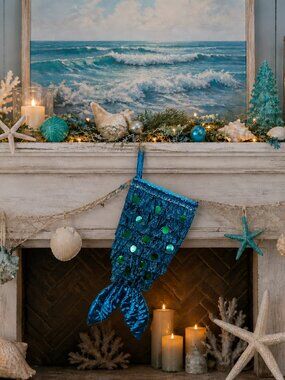 Deep Ocean Blue Sequined Mermaid Tail Christmas Holiday Stocking